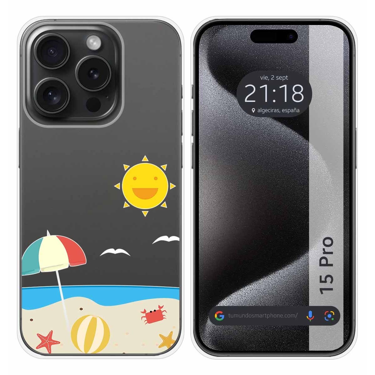 Funda Silicona Transparente compatible con IPhone 15 Pro (6.1) diseño Playa Dibujos