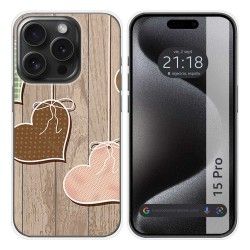 Funda Silicona compatible con IPhone 15 Pro (6.1) diseño Corazones Madera Dibujos