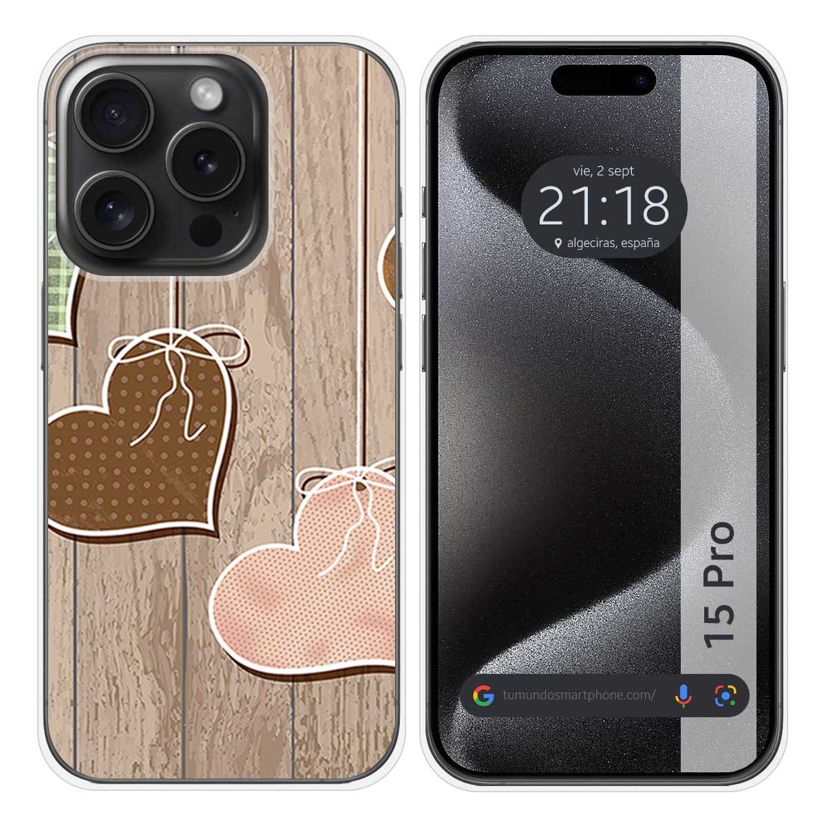 Funda Silicona compatible con IPhone 15 Pro (6.1) diseño Corazones Madera Dibujos