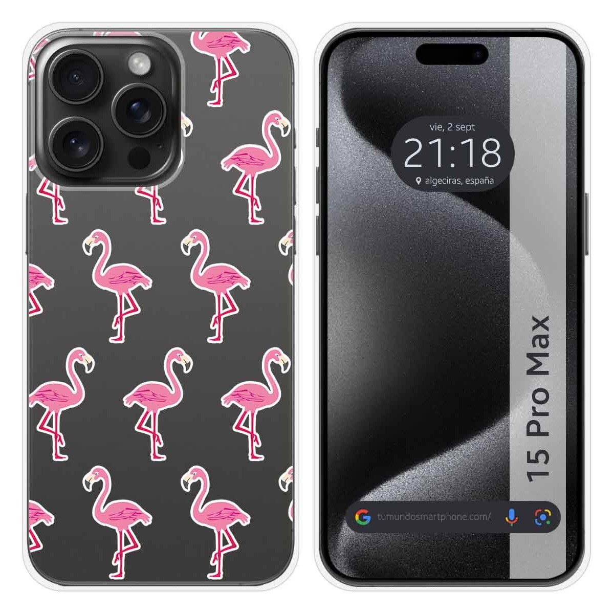 Funda Silicona Transparente compatible con IPhone 15 Pro Max (6.7) diseño Flamenco Dibujos