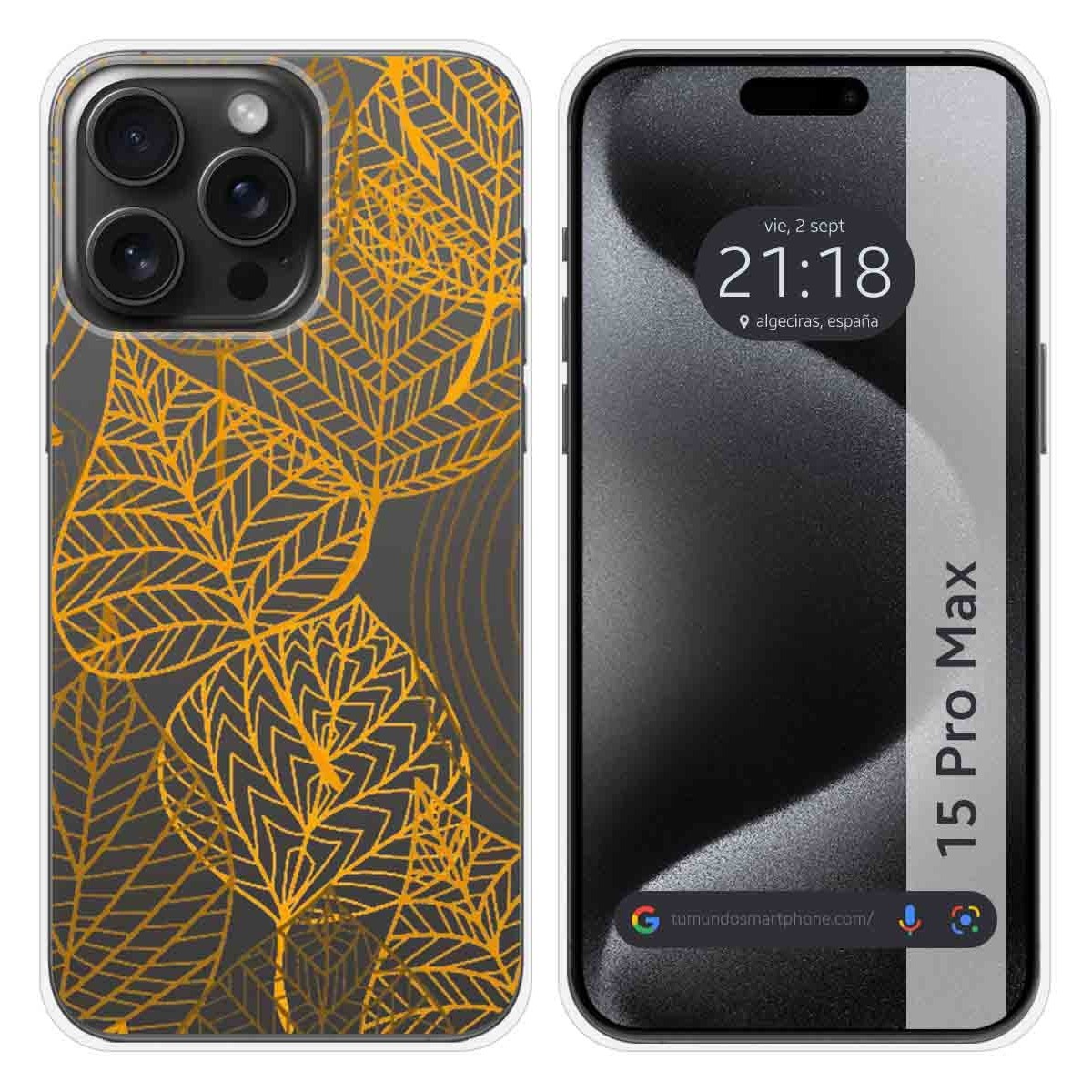 Funda Silicona Transparente compatible con IPhone 15 Pro Max (6.7) diseño Hojas Dibujos