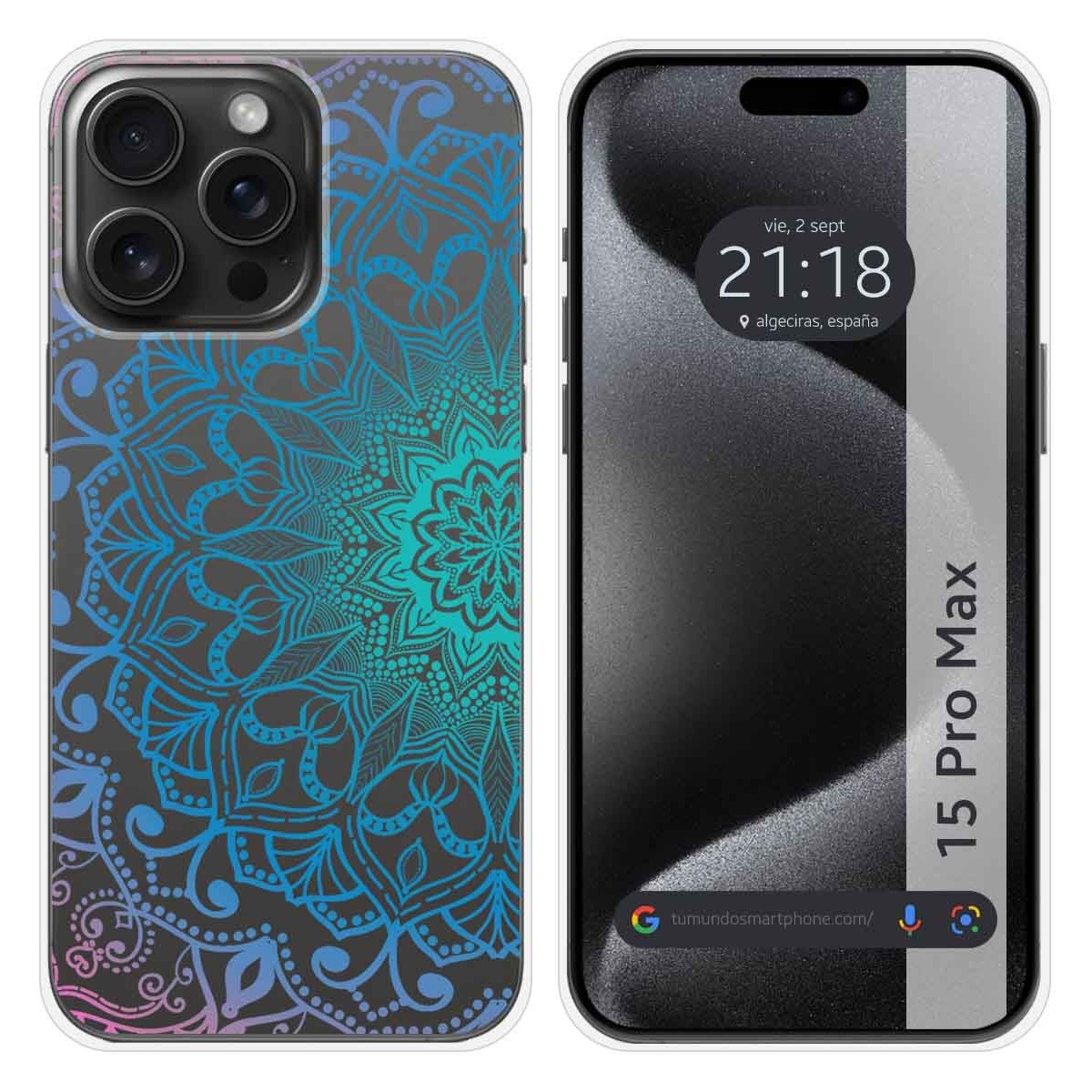 Funda Silicona Transparente compatible con IPhone 15 Pro Max (6.7) diseño Mandala Dibujos