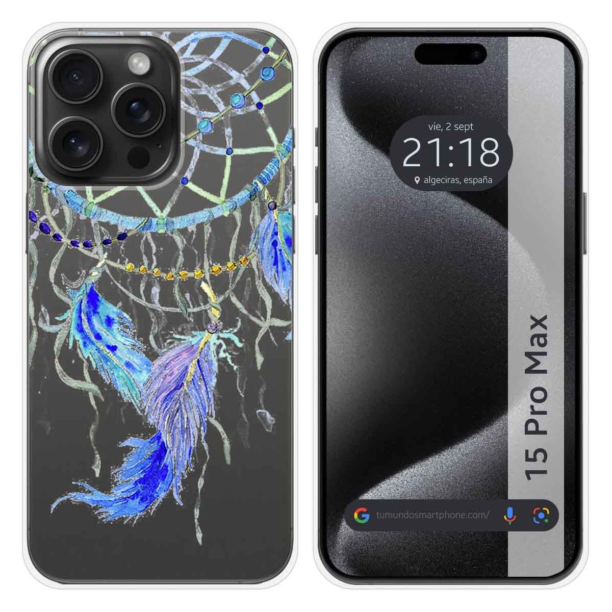 Funda Silicona Transparente compatible con IPhone 15 Pro Max (6.7) diseño Plumas Dibujos