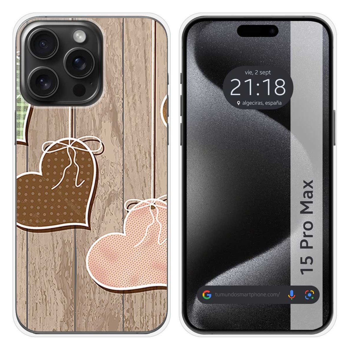 Funda Silicona compatible con IPhone 15 Pro Max (6.7) diseño Corazones Madera Dibujos