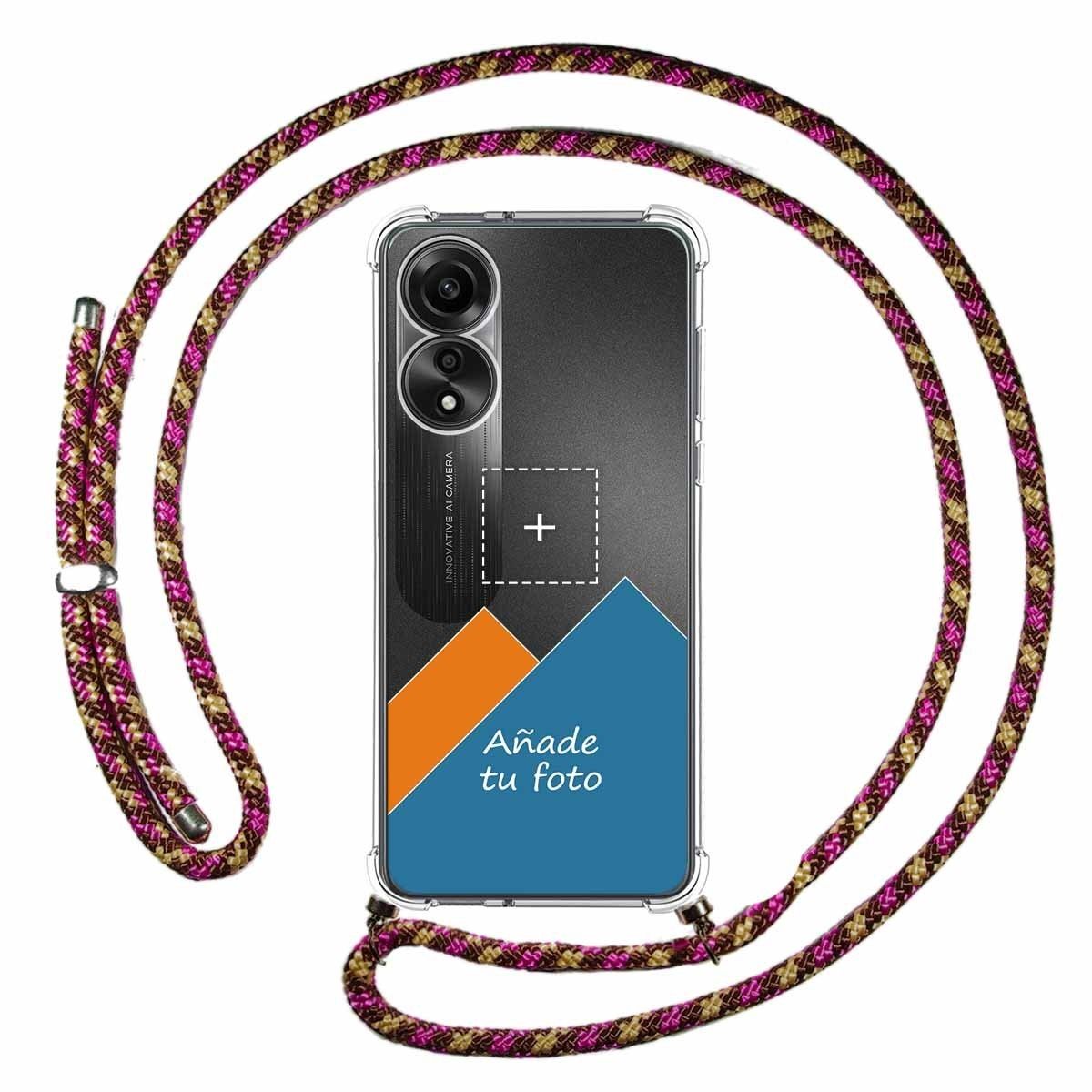 Personaliza tu Funda Colgante Transparente para Oppo A78 4G con Cordon Rosa / Dorado Dibujo Personalizada