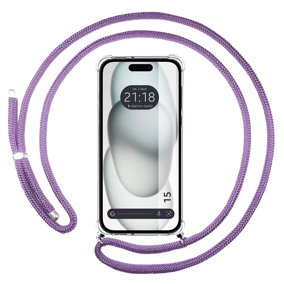 Funda Colgante Transparente para Iphone 15 (6.1) con Cordon Morado