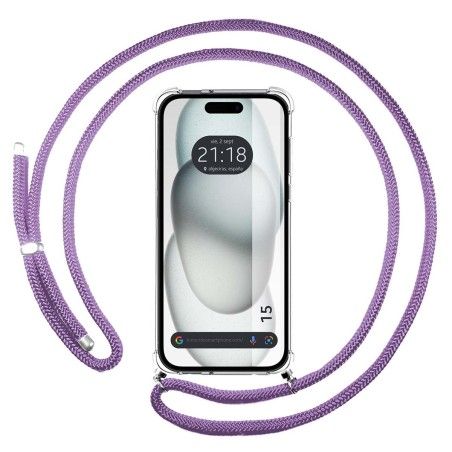 Funda Colgante Transparente para Iphone 15 (6.1) con Cordon Morado