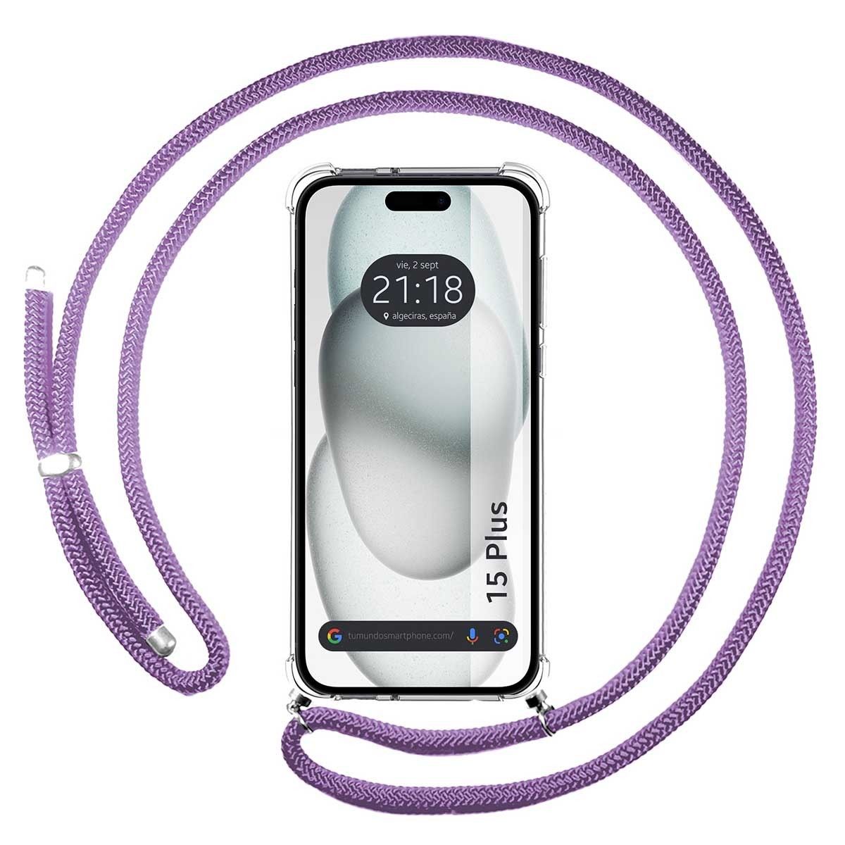 Funda Colgante Transparente para Iphone 15 Plus (6.7) con Cordon Morado