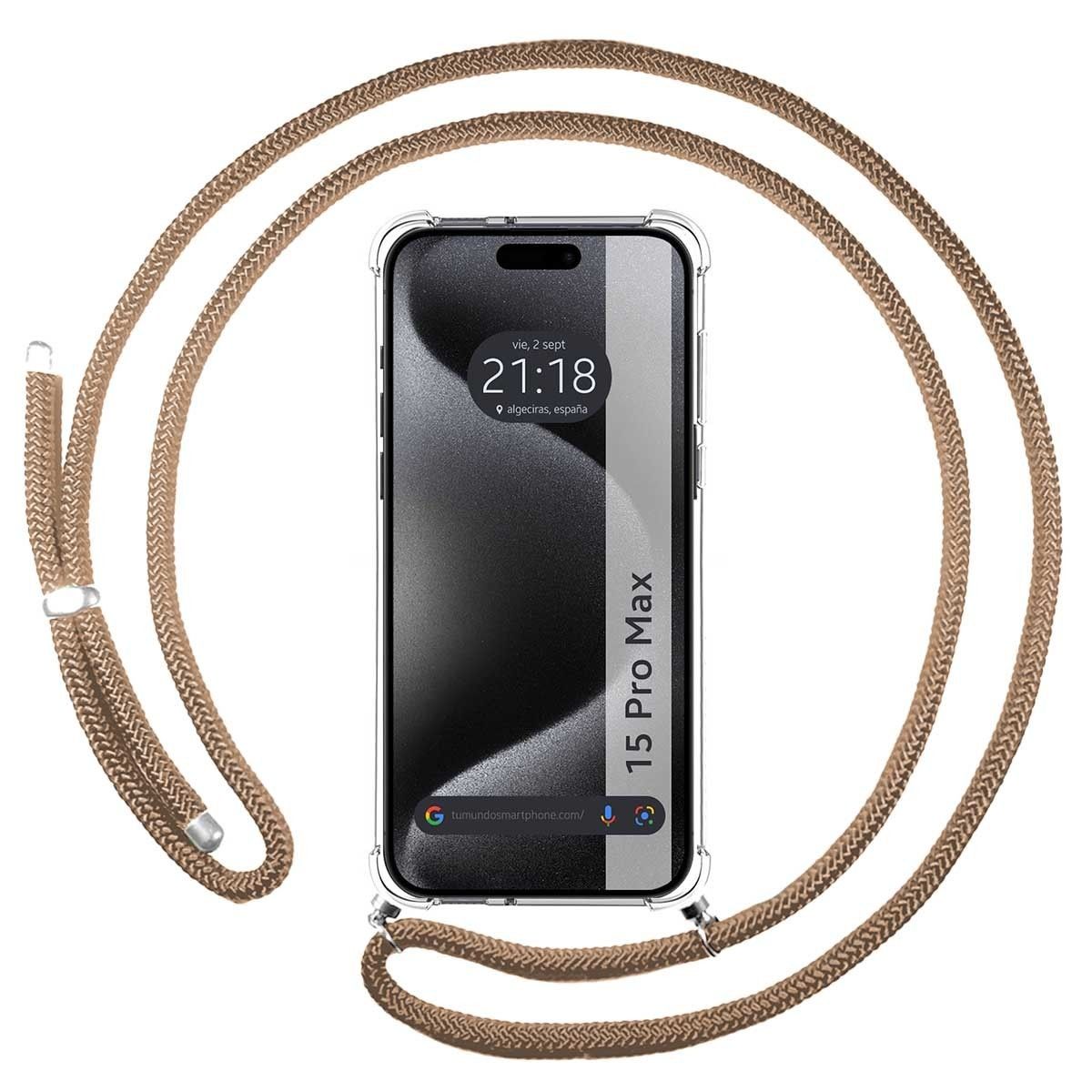 Iphone 15 Pro Max (6.7) Funda Colgante transparente con cordón color Camel