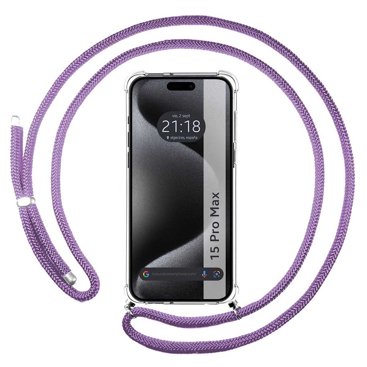 Funda Colgante Transparente para Iphone 15 Pro Max (6.7) con Cordon Morado
