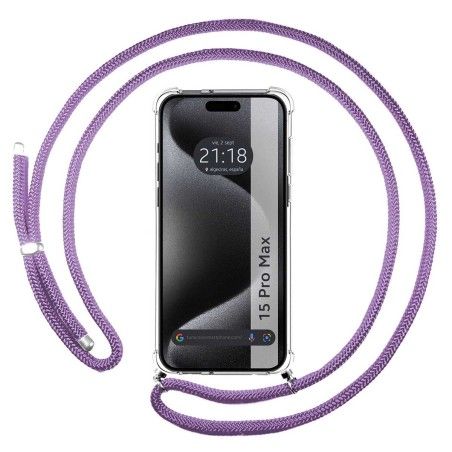 Funda Colgante Transparente para Iphone 15 Pro Max (6.7) con Cordon Morado
