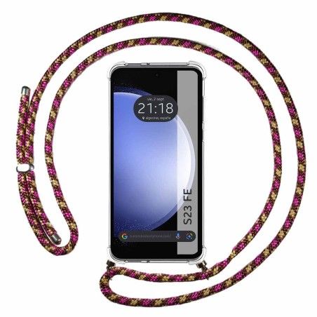 Funda Colgante Transparente para Samsung Galaxy S23 FE 5G con Cordon Rosa / Dorado