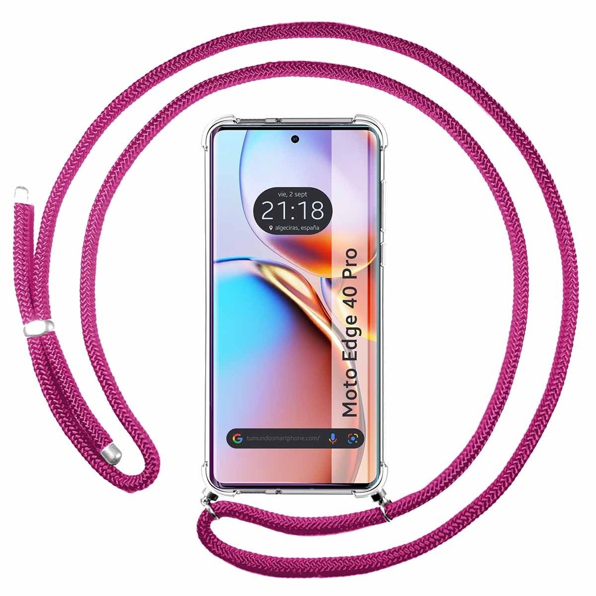 Funda Colgante Transparente para Motorola Edge 40 Pro 5G con Cordon Rosa Fucsia