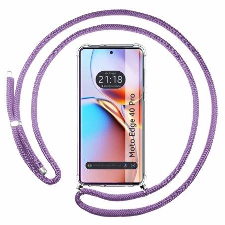 Funda Colgante Transparente para Motorola Edge 40 Pro 5G con Cordon Morado