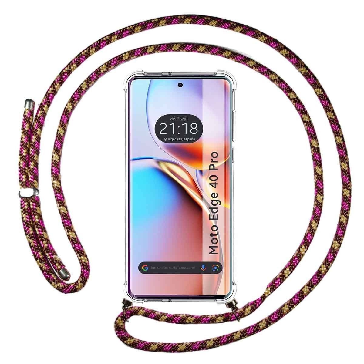 Funda Colgante Transparente para Motorola Edge 40 Pro 5G con Cordon Rosa / Dorado