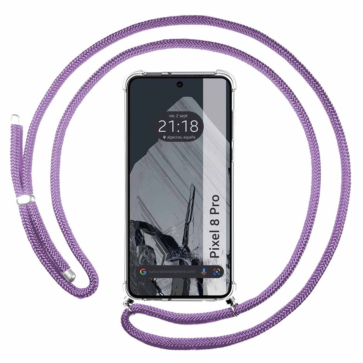 Funda Colgante Transparente para Google Pixel 8 Pro 5G con Cordon Morado