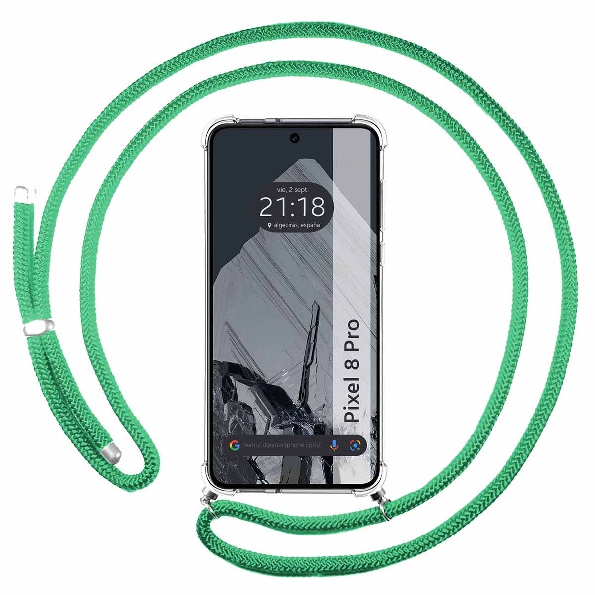 Funda Colgante Transparente para Google Pixel 8 Pro 5G con Cordon Verde Agua