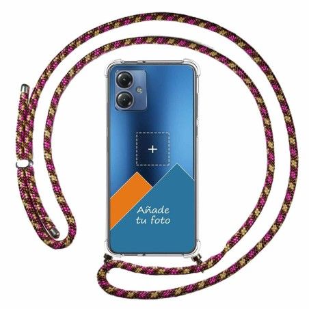 Personaliza tu Funda Colgante Transparente para Motorola Moto G14 con Cordon Rosa / Dorado Dibujo Personalizada