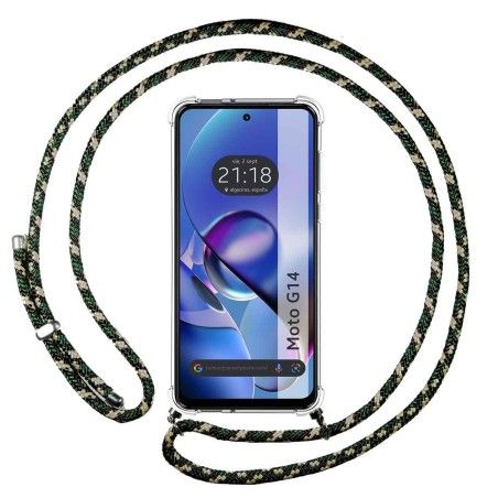 Funda Colgante Transparente para Motorola Moto G14 con Cordon Verde / Dorado
