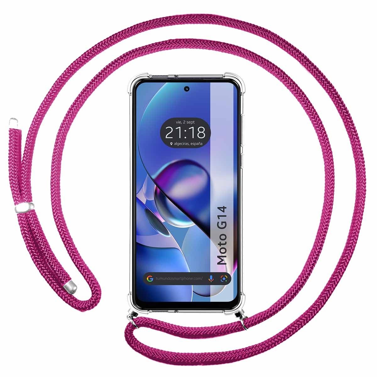 Funda Colgante Transparente para Motorola Moto G14 con Cordon Rosa Fucsia