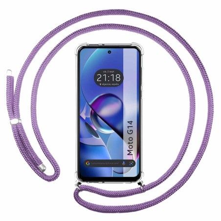Funda Colgante Transparente para Motorola Moto G14 con Cordon Morado