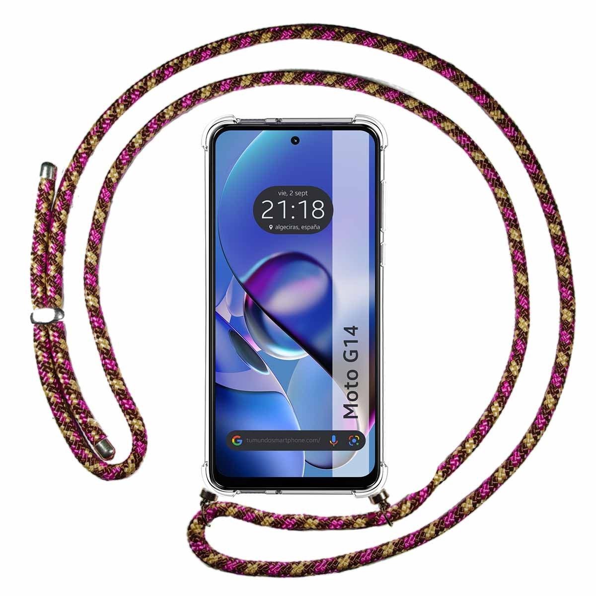 Funda Colgante Transparente para Motorola Moto G14 con Cordon Rosa / Dorado