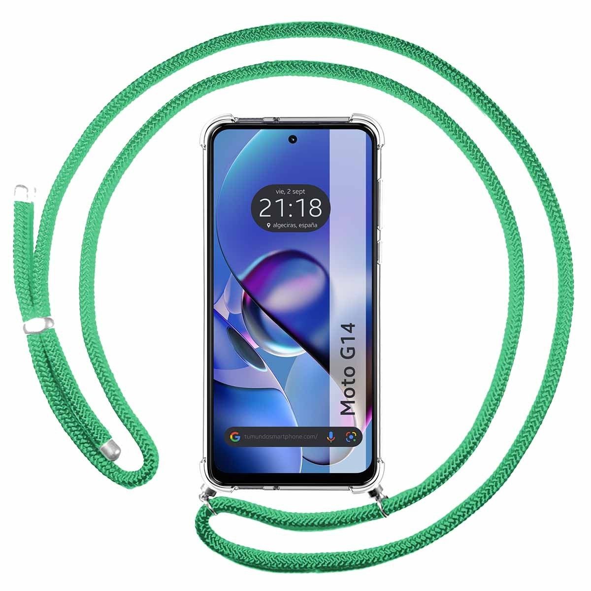 Funda Colgante Transparente para Motorola Moto G14 con Cordon Verde Agua