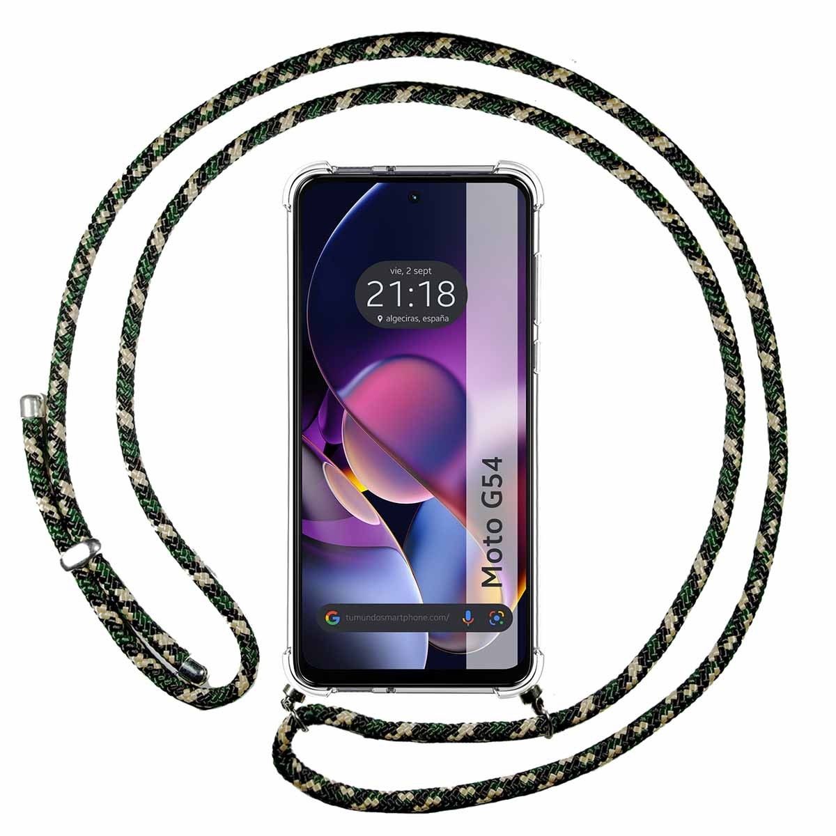 Funda Colgante Transparente para Motorola Moto G54 5G con Cordon Verde / Dorado