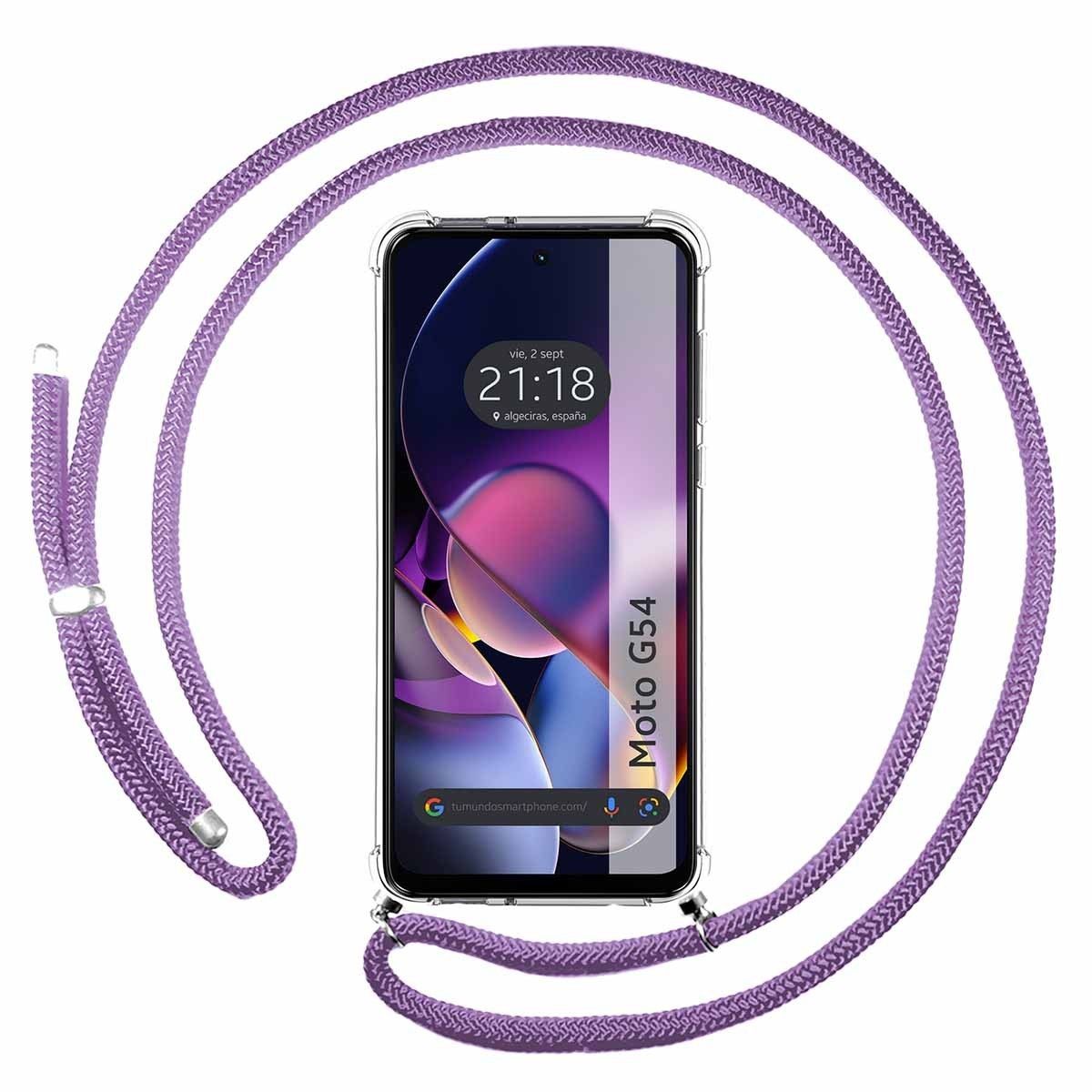 Funda Colgante Transparente para Motorola Moto G54 5G con Cordon Morado