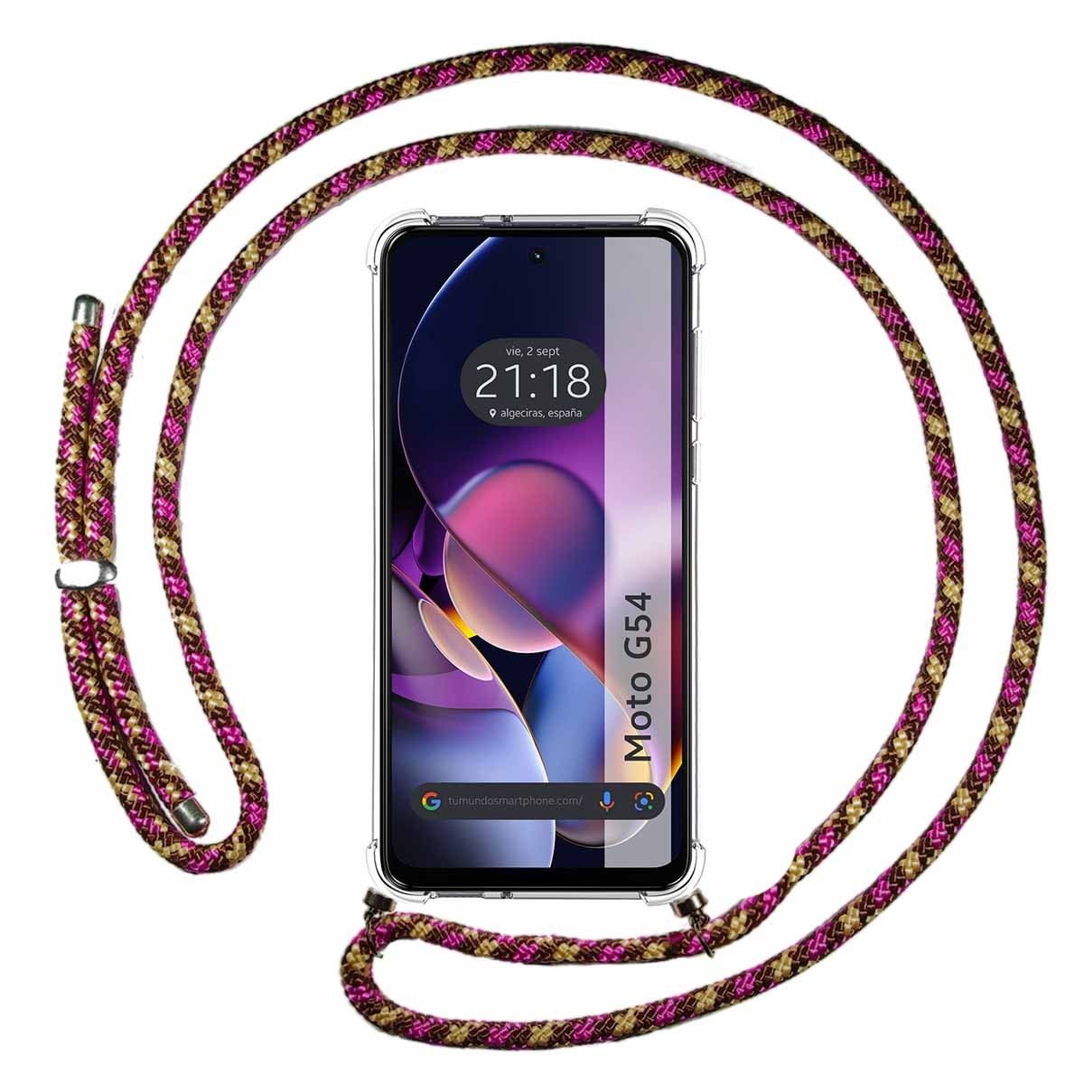 Funda Colgante Transparente para Motorola Moto G54 5G con Cordon Rosa / Dorado