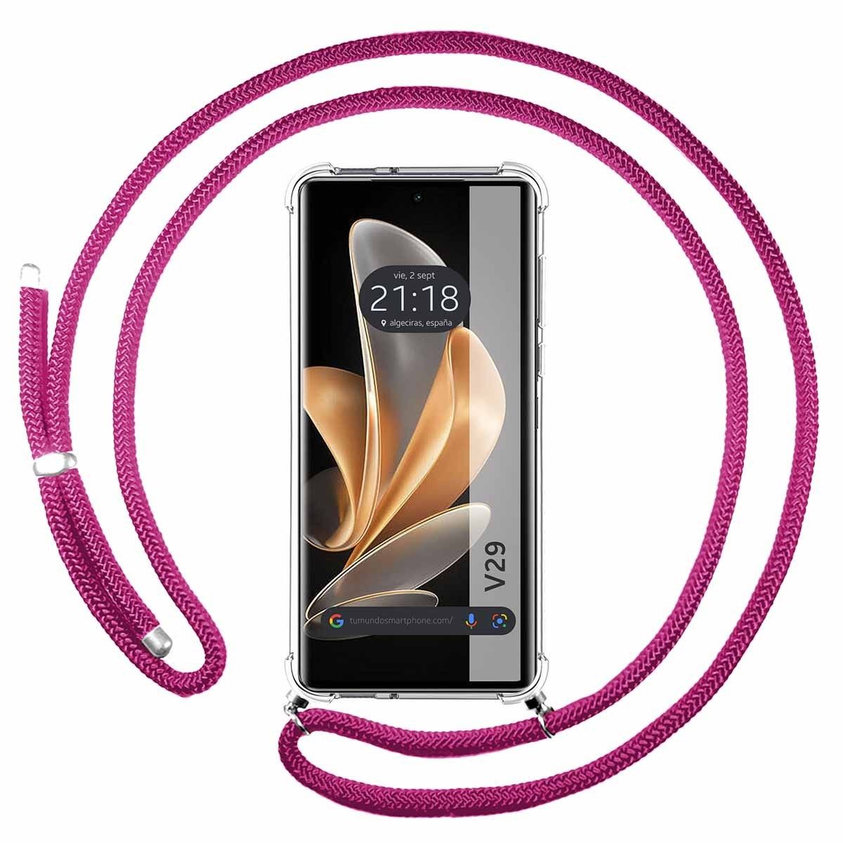 Funda Colgante Transparente para Vivo V29 5G con Cordon Rosa Fucsia
