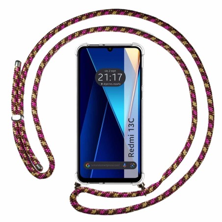 Funda Colgante Transparente para Xiaomi Redmi 13C con Cordon Rosa / Dorado