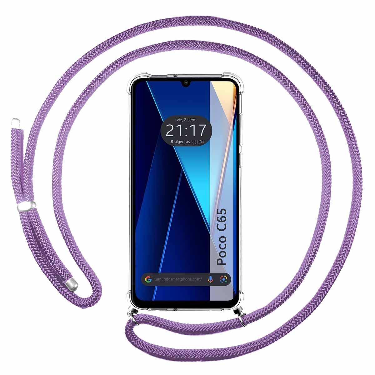 Funda Colgante Transparente para Xiaomi Poco C65 con Cordon Morado