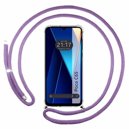 Funda Colgante Transparente para Xiaomi Poco C65 con Cordon Morado