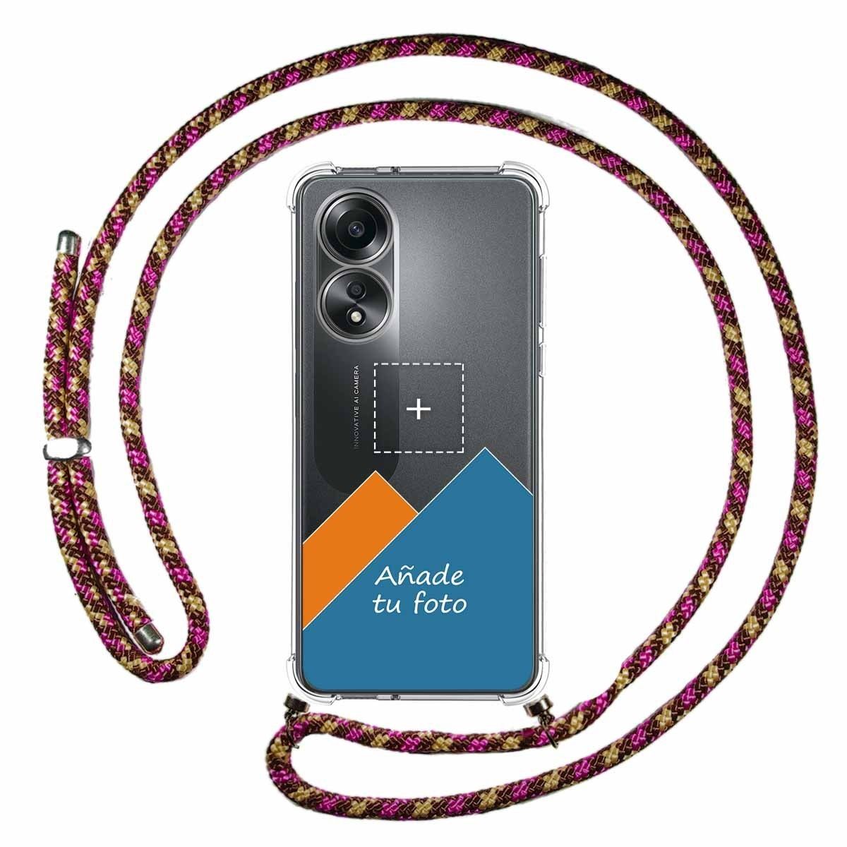 Personaliza tu Funda Colgante Transparente para Oppo A58 4G con Cordon Rosa / Dorado Dibujo Personalizada