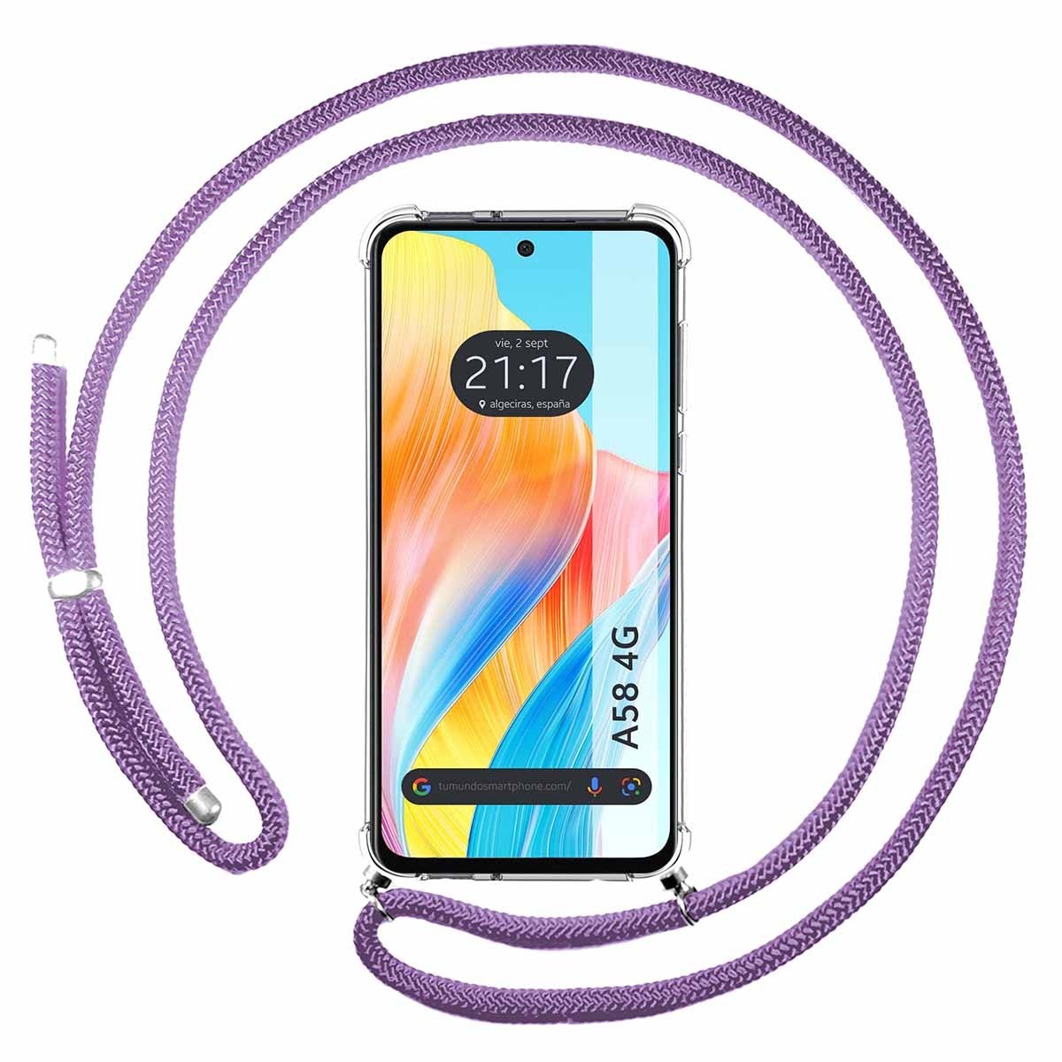 Funda Colgante Transparente para Oppo A58 4G con Cordon Morado