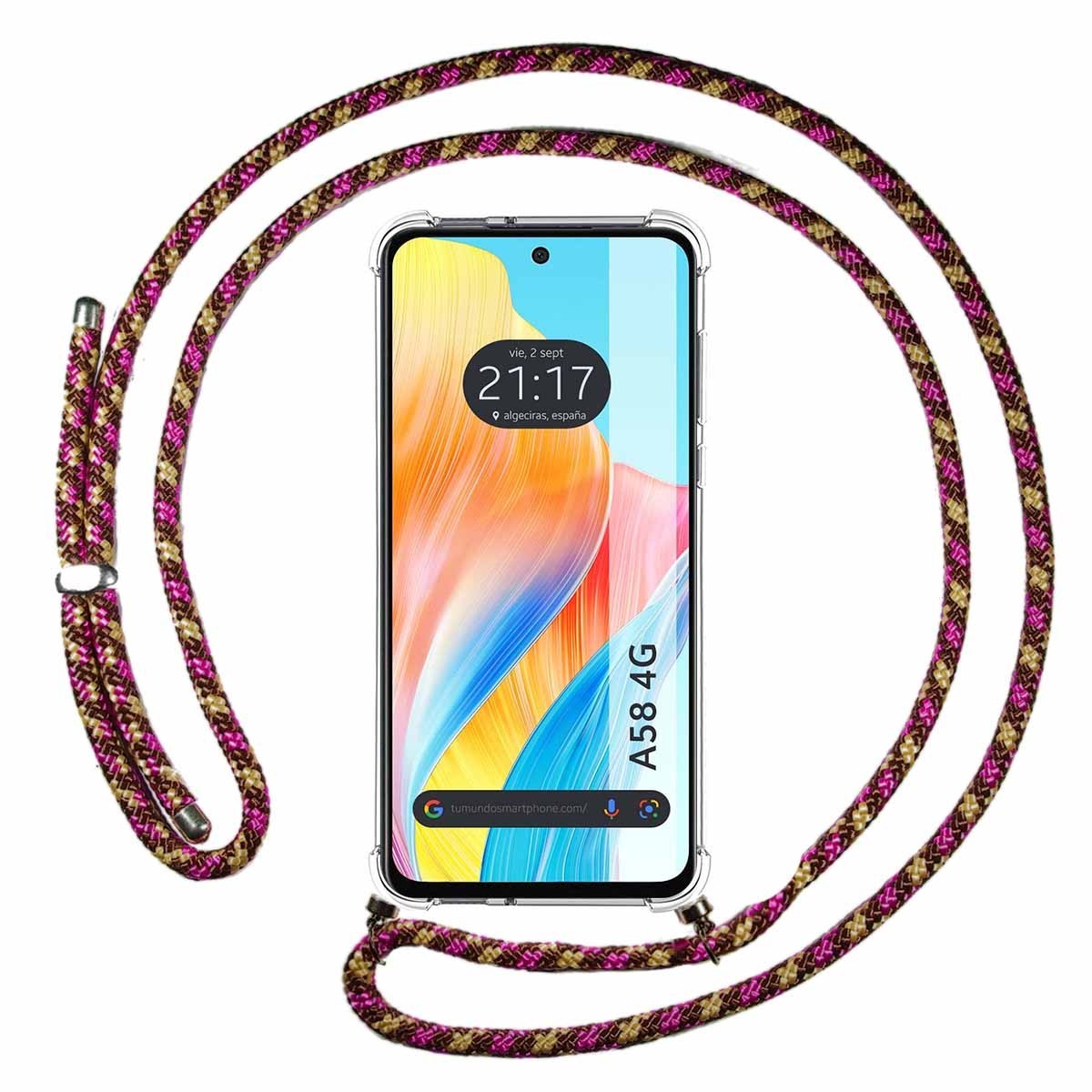 Funda Colgante Transparente para Oppo A58 4G con Cordon Rosa / Dorado