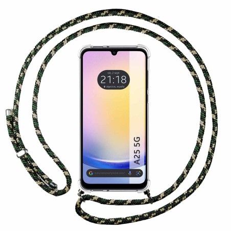 Funda Colgante Transparente para Samsung Galaxy A25 5G con Cordon Verde / Dorado
