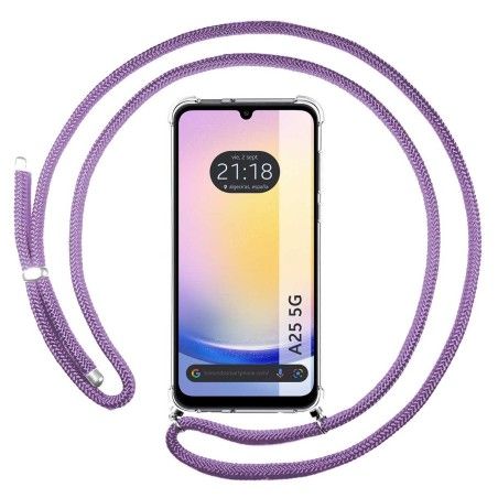 Funda Colgante Transparente para Samsung Galaxy A25 5G con Cordon Morado