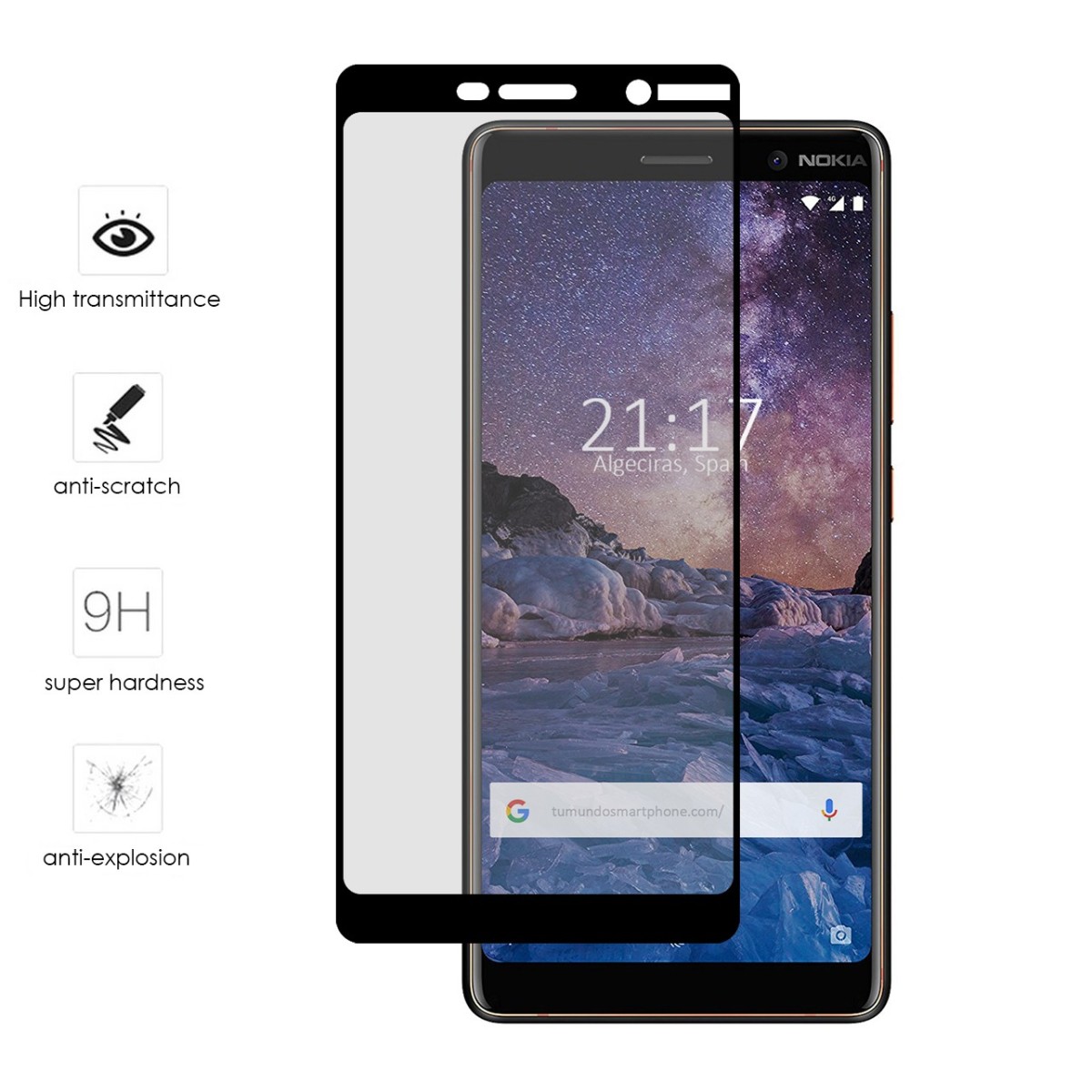 Protector Cristal Templado Frontal Completo Negro para Nokia 7 Plus  Vidrio