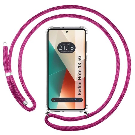 Funda Colgante Transparente para Xiaomi Redmi Note 13 5G con Cordon Rosa Fucsia