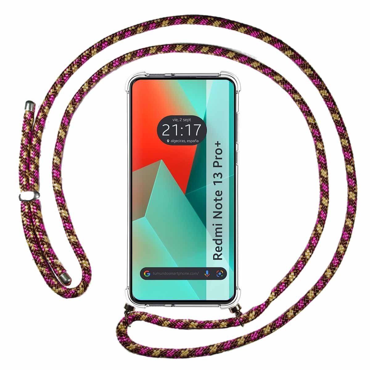 Funda Colgante Transparente para Xiaomi Redmi Note 13 Pro+ Plus 5G con Cordon Rosa / Dorado