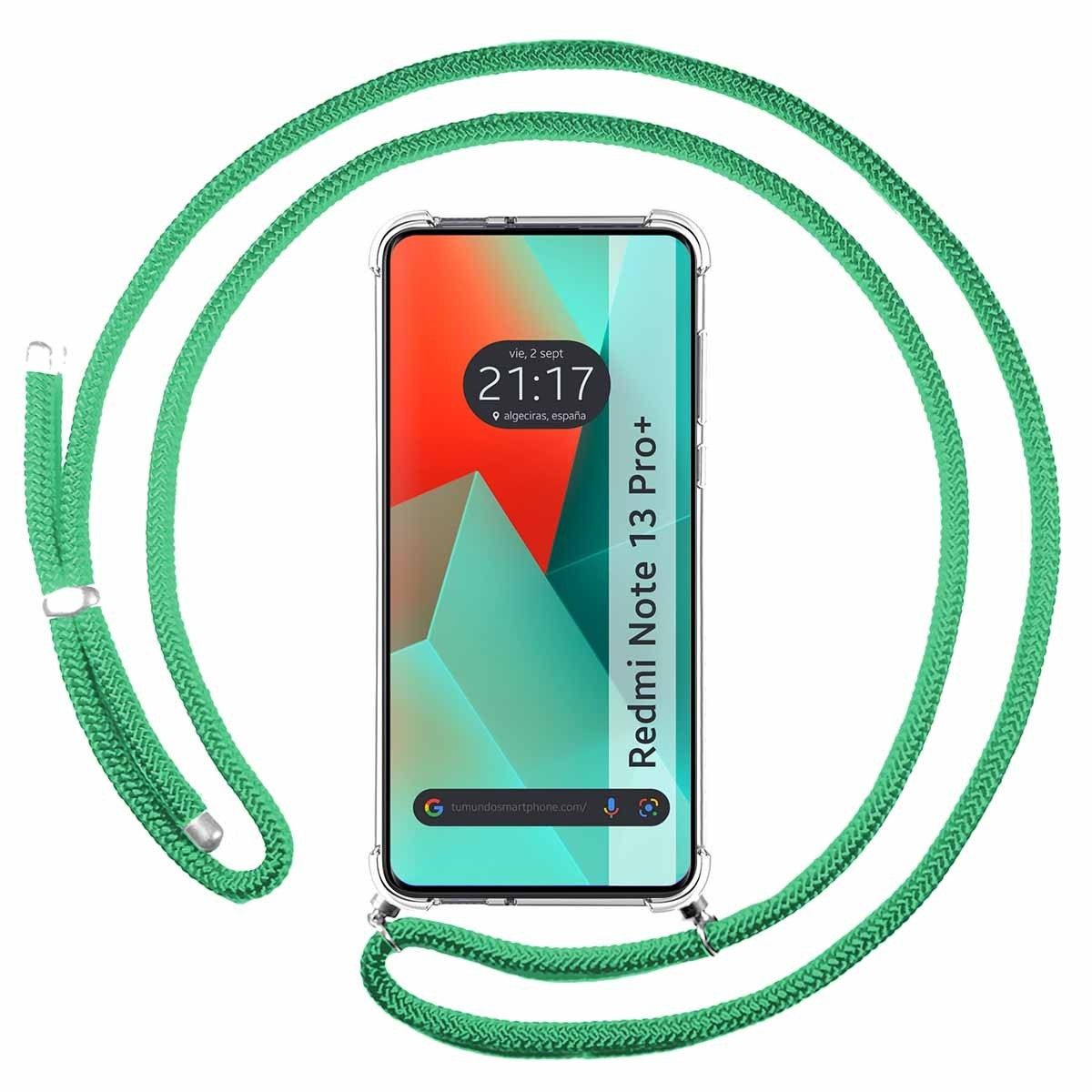 Funda Colgante Transparente para Xiaomi Redmi Note 13 Pro+ Plus 5G con Cordon Verde Agua