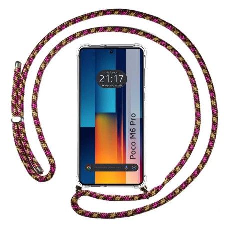 Personaliza tu Funda Colgante Transparente para Xiaomi Poco M6 Pro 4G con Cordon Rosa / Dorado Dibujo Personalizada