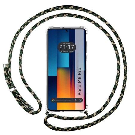 Funda Colgante Transparente para Xiaomi Poco M6 Pro 4G con Cordon Verde / Dorado