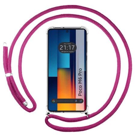 Funda Colgante Transparente para Xiaomi Poco M6 Pro 4G con Cordon Rosa Fucsia