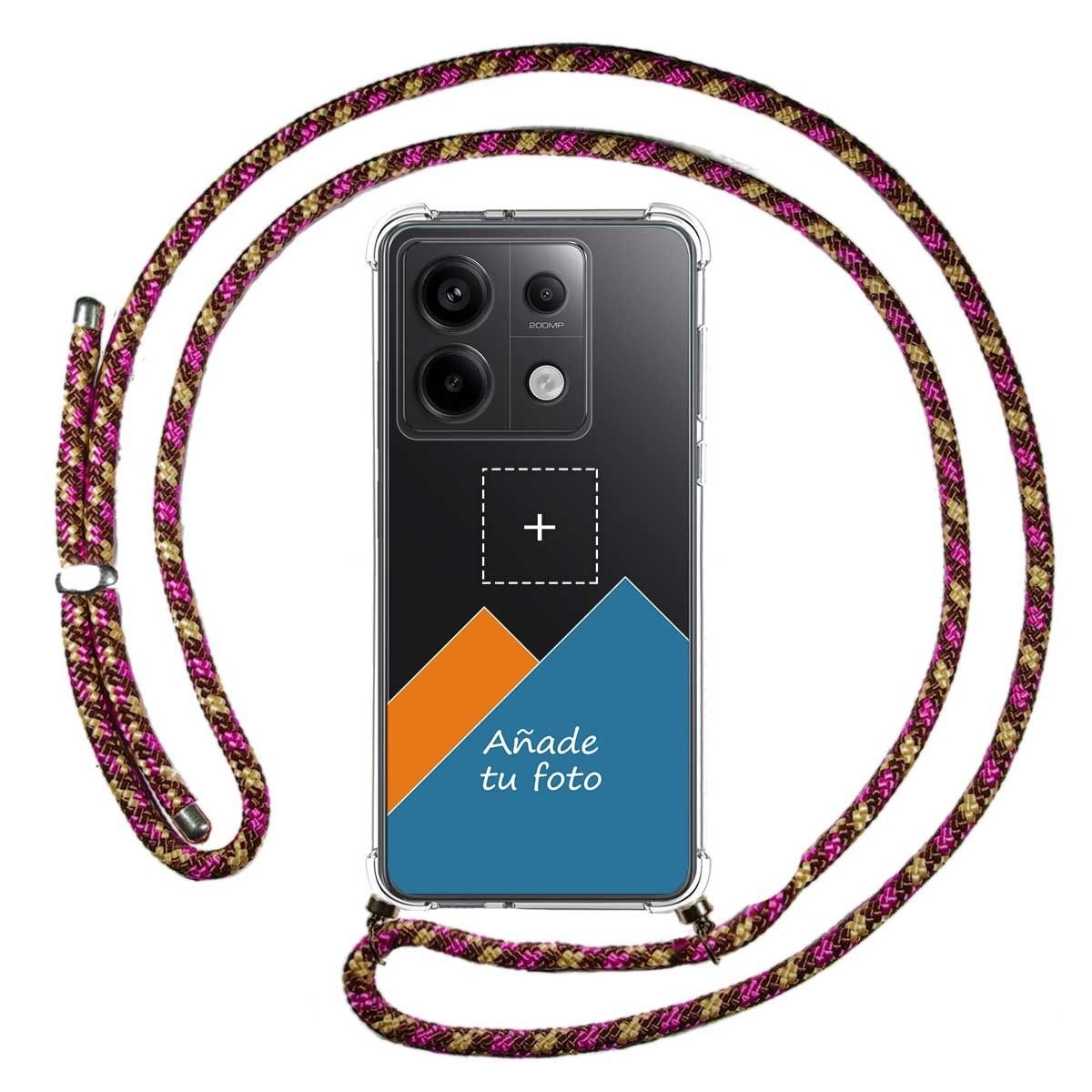 Personaliza tu Funda Colgante Transparente para Xiaomi Redmi Note 13 Pro 5G con Cordon Rosa / Dorado Dibujo Personalizada