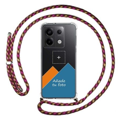Personaliza tu Funda Colgante Transparente para Xiaomi Redmi Note 13 Pro 5G con Cordon Rosa / Dorado Dibujo Personalizada