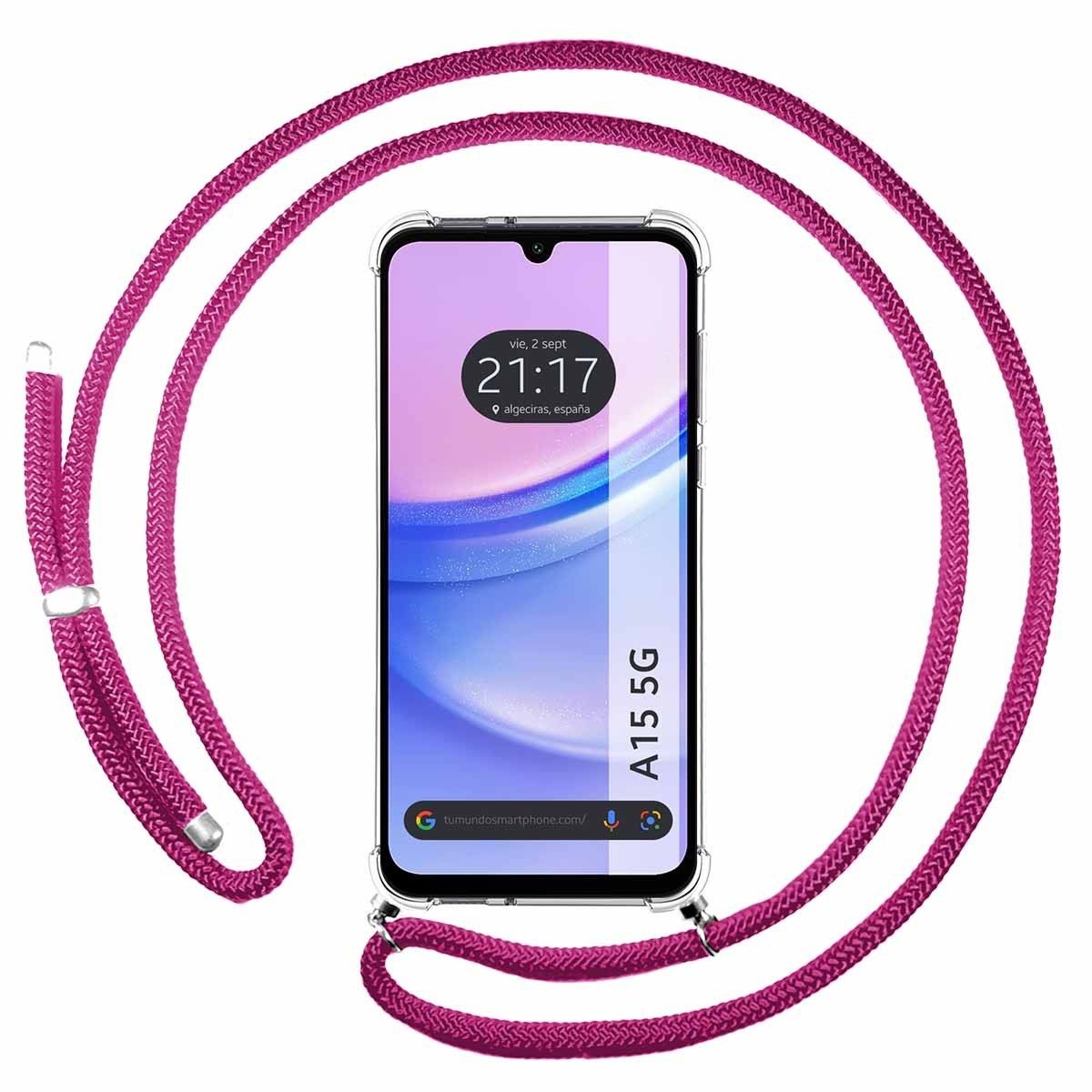 Funda Colgante Transparente para Samsung Galaxy A15 4G / 5G con Cordon Rosa Fucsia
