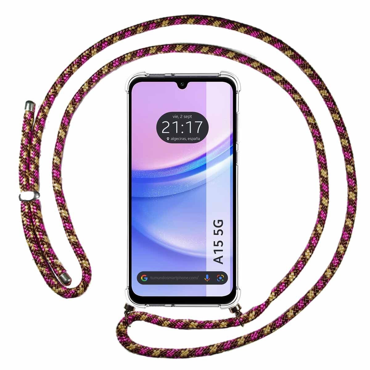 Funda Colgante Transparente para Samsung Galaxy A15 4G / 5G con Cordon Rosa / Dorado